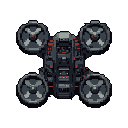 This pixel art showcases a detailed, dark-colored quadcopter drone from above, its intricate design suggesting advanced technology. Red accents highlight its powerful systems, creating a futuristic and slightly ominous feel.