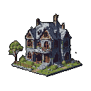This pixel art depicts a lonely, dilapidated Victorian house standing on a small, overgrown plot, evoking a sense of mystery and forgotten grandeur. The muted color palette and isolated composition emphasize the house's age, decay, and melancholic atmosphere.