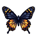 A striking pixel art butterfly, its wings a captivating blend of muted blues and vibrant oranges, takes center stage against a stark black backdrop. The image evokes a sense of stillness and focused beauty, highlighting the insect's delicate artistry through intricate pixelated detail.