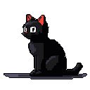 This pixel art features a sleek black cat in profile, its bright white eyes and vibrant red inner ears popping against the dark fur. The minimalist design and stark black background create a sense of quiet mystery around the attentive feline.