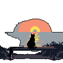 A solitary silhouetted cat gazes at a vibrant sunset over calm waters in this peaceful pixel art scene. The image evokes a sense of quiet contemplation and appreciation for nature's beauty.