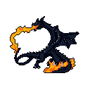 A dark and imposing dragon rears up, unleashing a torrent of vibrant flames from its maw. This pixel art image captures the creature's raw power and destructive presence against a stark black background.