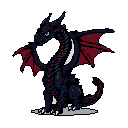 This pixel art features a striking, dark blue-black dragon with crimson accents, seated and gazing intently over its shoulder. The creature's relaxed yet vigilant posture and sharp details evoke a sense of powerful mystique.