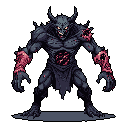 A menacing, blue-grey skinned monster with glowing red eyes and exposed flesh stands ready, its imposing presence amplified by the stark black background. This pixel art creation evokes a sense of formidable power and grotesque horror.