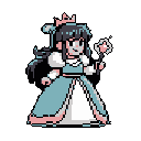 A poised pixel art princess or magical girl stands against a stark black backdrop, her star-tipped wand hinting at fairy tale adventures. Her muted, pastel color palette and elegant design evoke a sense of gentle fantasy and nostalgic charm.