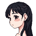 This pixel art portrait captures a young woman in profile, her gentle downward gaze and soft colors evoking a mood of quiet contemplation. Framed against a stark black background, her delicate features, like the subtle blush and silver earring, are rendered with nostalgic charm. The image conveys a sense of peaceful introspection, tinged with a hint of melancholy.