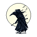 A cloaked, crow-headed figure stands silhouetted against a pale yellow moon, clutching a dark sword or staff. The minimalist pixel art evokes a mysterious and melancholic atmosphere, suggesting a solitary guardian in a nocturnal realm.