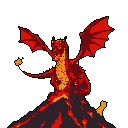 A powerful pixel art dragon, rendered in fiery reds and oranges, dominates the frame as it perches atop an erupting volcano. With wings spread wide, the formidable beast exudes an aura of primal strength and imminent danger.