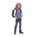A relaxed pixel art character with ginger hair, wearing a hoodie and jacket, stands casually with closed eyes, suggesting a moment of quiet contemplation. His casual attire and posture create a calm, understated vibe.