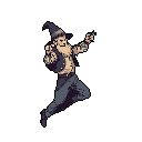 A pixelated wizard leaps into action, his determined expression and outstretched arms suggesting a powerful spell in the making. The muted, retro color palette adds a touch of mystery to this dynamic fantasy sprite.