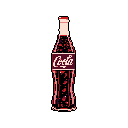 This pixel art showcases a classic cola bottle against a stark black background. The iconic design features a peach-colored cap and label with the word "Cola," highlighting the dark, bubbly beverage inside with a retro, nostalgic charm.
