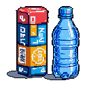 A pixel art image showcases a stack of colorful, abstractly labeled packages alongside a transparent water bottle. The objects, rendered in vibrant primary colors, evoke a clean, modern aesthetic reminiscent of product illustrations from a retro-futuristic video game.
