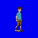 This pixel art depicts a male character mid-stride, rendered in a simple, retro style with muted colors. The figure, likely a game asset, has a neutral expression and casual posture against a stark blue background.