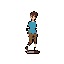 This pixel art sprite depicts a young man in mid-stride, rendered in earthy tones against a teal background, evoking a nostalgic video game character. The simple design and isolated figure create a classic, showcase-like feel.