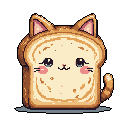 This pixel art features an adorable "bread cat," a slice of bread transformed into a charming feline with cute eyes, blush, and a tiny tail. The warm color palette and simple design evoke a sense of comforting whimsy, making this bread cat undeniably delightful.