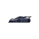 This minimalist pixel art showcases a sleek, charcoal blue-grey race car in profile, its aerodynamic design emphasized against a stark black background. The image evokes a sense of quiet power and sophisticated design through its simplicity and muted color palette.