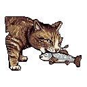 A determined tabby cat, rendered in classic pixel art, proudly carries its freshly caught fish, showcasing a successful hunt. The limited color palette and black background emphasize the primal nature of this moment.