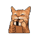 A pixelated orange tabby cat is captured mid-meal, eyes closed in pure bliss as it devours a black and white snack. The simple image radiates warmth and contentment, focusing on the cat's blissful expression.
