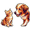 A pixelated kitten and dog share a heartwarming moment of connection, their warm tones contrasting against the stark black background. The attentive kitten gazes up at the playfully smiling dog in this charming, nostalgic scene.