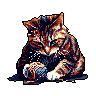 A pixelated kitten, rendered in warm browns and oranges against a black background, is captured in a moment of quiet concentration, seemingly focused on something near its paws. The limited palette and low-resolution style evoke a charming, retro aesthetic.