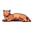 This pixel art captures a serene moment with an orange tabby cat, peacefully dozing in a relaxed pose. The warm color palette and simple composition create a cozy and tranquil atmosphere focused entirely on the contented feline.
