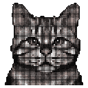 This pixel art portrait features a cat with a unique plaid fur pattern, rendered in muted browns against a stark black background. The stoic feline gazes directly at the viewer, blending retro-digital aesthetics with a touch of abstract charm.