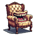 This pixel art depicts a vintage wingback armchair with a grotesque twist: a gaping, tooth-filled mouth where the cushion should be. The unsettling image blends dark humor and horror, transforming familiar furniture into a ravenous character.