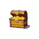 A pixel art treasure chest overflows with glittering gold coins, a rewarding discovery rendered in warm, inviting tones against a stark black background. The isometric-style chest evokes a sense of classic adventure and the thrill of finding hidden riches.