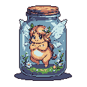 A pixel art fairy with orange-brown hair adorned with flowers is captured in a glass jar, her gentle smile hinting at a bittersweet enchantment. Her light-blue wings appear crumpled from the jar's confines, and a miniature ecosystem thrives at her feet.