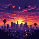 A pixelated sunset bathes a Los Angeles-inspired cityscape in warm, vibrant colors as the sun dips below the silhouetted skyline dotted with palm trees. The dramatic sky, transitioning from deep purple to fiery orange, creates a nostalgic and romanticized view of the urban sprawl.
