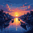 Pixel art depicts a serene canal scene at sunrise or sunset with small boats dotting the water, all reflecting a vibrant, colorful sky. Silhouetted buildings nestle amongst foliage along the banks, adding to the peaceful, nostalgic mood.