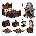 This pixel art showcases a collection of isometric furniture assets, including an ornate bed, rustic fireplace, wooden chests, and other props, all rendered in a warm, earthy palette. Presented against a black background, these detailed sprites evoke a sense of medieval or fantasy world-building.