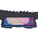 This pixel art showcases a compact mechanical keyboard with a vibrant, gradient keycap color scheme, blending cool blues and purples with warm magenta and beige tones. The stylized rendering evokes a sense of modern tech aesthetics and personalized customization.