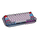 This detailed pixel art showcases a custom mechanical keyboard with a cool-toned color scheme and vibrant red accents. RGB backlighting glows beneath the keycaps, highlighting the craftsmanship and modern aesthetic of this enthusiast-grade device.