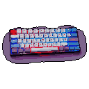 This pixel art showcases a compact mechanical keyboard with a vibrant red, white, and blue color scheme. Red indicator lights accent each key, lending a modern, tech-inspired aesthetic to the static design. The keyboard is set against a stark black background with a subtle purple glow.