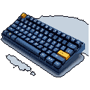 This pixel art showcases a sleek, isometric mechanical keyboard with cool blue keys accented by warm orange, highlighting a modern and customized aesthetic. The minimalist design emphasizes the hardware's clean lines and quality craftsmanship.