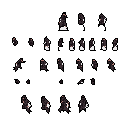 This pixel art sprite sheet showcases a dark-clad, agile character in various action poses: idle, running, and crouching. The limited color palette and energetic animations evoke a retro game vibe, suggesting a serious protagonist ready for action.