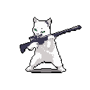 This pixel art features a determined, anthropomorphic white cat wielding a rifle, striking a combat-ready pose. The vibrant green eyes provide a striking contrast to the muted color palette, adding a quirky and humorous touch to the retro-style image.