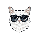 This pixel art image features a cool white cat rocking sunglasses. The close-up portrait exudes confidence and a touch of aloofness. It's a stylish and humorous depiction of feline chill.