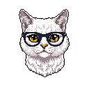 This pixel art headshot features a charming white cat sporting dark-rimmed glasses. With striking golden eyes and a serene expression, the bespectacled feline exudes a quirky and intelligent vibe.