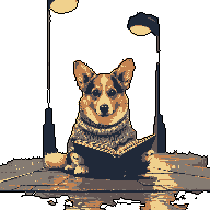 A pixel-art Corgi sits attentively in a nocturnal urban setting, a mysterious book or snack bowl placed before it. The scene evokes a cozy yet slightly melancholic mood.