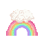 A fluffy, pixelated cloud rests atop a soft pastel rainbow in this charming, minimalist image. The iconic weather duo pops against a stark black background, evoking a dreamy and nostalgic vibe.