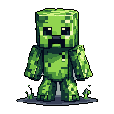 This pixel art image showcases a stylized Minecraft Creeper in its iconic, blocky form against a stark black background. The detailed shading and menacing T-shaped mouth convey both nostalgia and the character's inherent threat, while subtle green "particles" hint at its explosive nature.