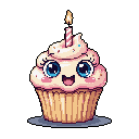 This adorable pixel art features a cheerful cupcake character with big blue eyes and a lit candle, radiating cuteness and a celebratory vibe. The creamy frosting, striped candle, and subtle details create a delightful and endearing design.