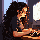 A pixel art image captures a young woman engrossed in her computer screen, her face illuminated by its warm glow as she types with focused intensity. Her voluminous hair and round spectacles add to the image's intimate and diligent atmosphere.