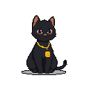 This charming pixel art portrait features a seated black cat with a gentle expression, adorned with a striking golden chain necklace and pendant. The minimalist design and focus on the cat's subtle details create a cute and sophisticated vibe.