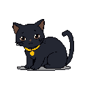 This pixel art image features a stylized black cat with expressive eyes, calmly observing with a hint of curiosity. The cat's bright yellow collar pops against its dark fur, creating a cute and slightly melancholic portrait.