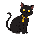 This pixel art image features a charming black cat with striking yellow eyes, seated and adorned with a golden collar and bell. The minimalist style and contrasting colors create a captivating and slightly mysterious feline portrait.