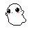 A shy, pixelated ghost with big, innocent eyes and rosy cheeks peers out from the darkness, creating a surprisingly cute and endearing image. The simple design and limited color palette enhance the character's gentle and bashful demeanor.