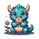 This adorable pixel art features a teal, chibi-style baby dragon lovingly interacting with a vibrant flower. With its large, innocent eyes and charming design, the creature exudes a gentle and playful vibe.